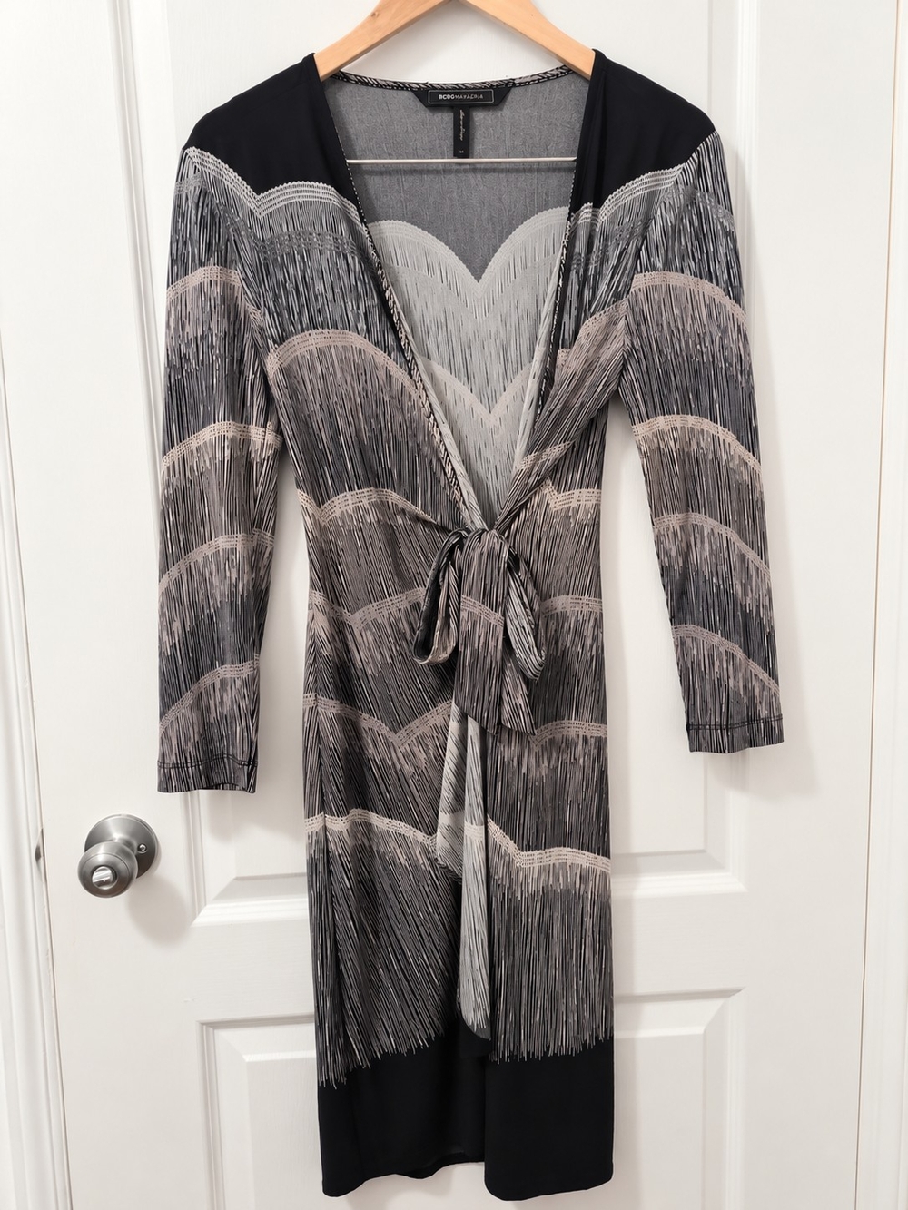 BCBGMaxAzria Black & Taupe Patterned Wrap Dress